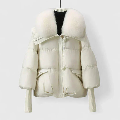 Elegant Black Puffer Jacket for Women with Fur Collar Long Sleeve Oversized Cropped Style