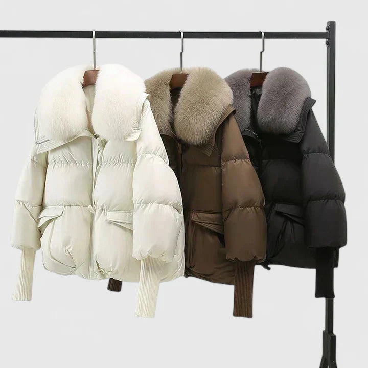 Elegant Black Puffer Jacket for Women with Fur Collar Long Sleeve Oversized Cropped Style