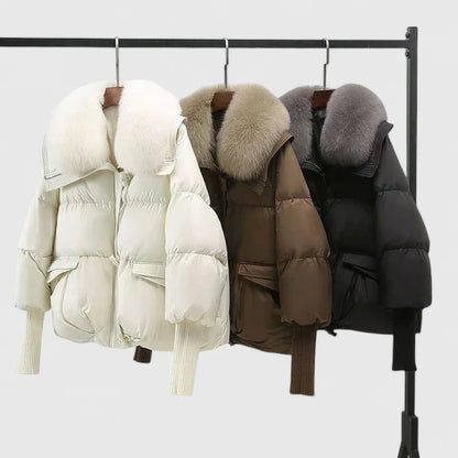 Elegant Black Puffer Jacket for Women with Fur Collar Long Sleeve Oversized Cropped Style