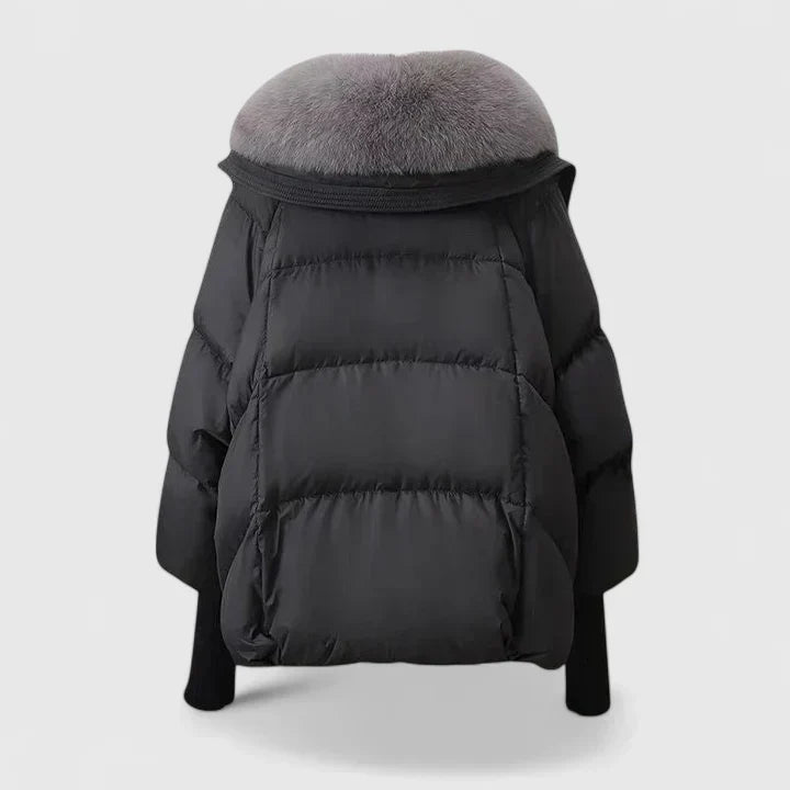 Elegant Black Puffer Jacket for Women with Fur Collar Long Sleeve Oversized Cropped Style