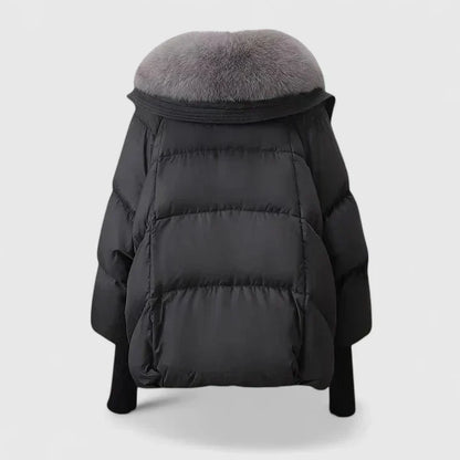 Elegant Black Puffer Jacket for Women with Fur Collar Long Sleeve Oversized Cropped Style