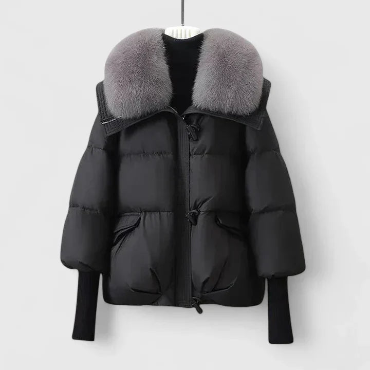 Elegant Black Puffer Jacket for Women with Fur Collar Long Sleeve Oversized Cropped Style