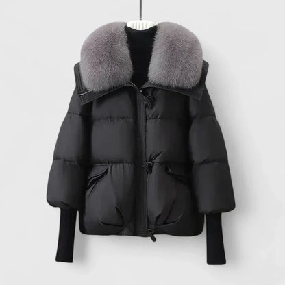 Elegant Black Puffer Jacket for Women with Fur Collar Long Sleeve Oversized Cropped Style