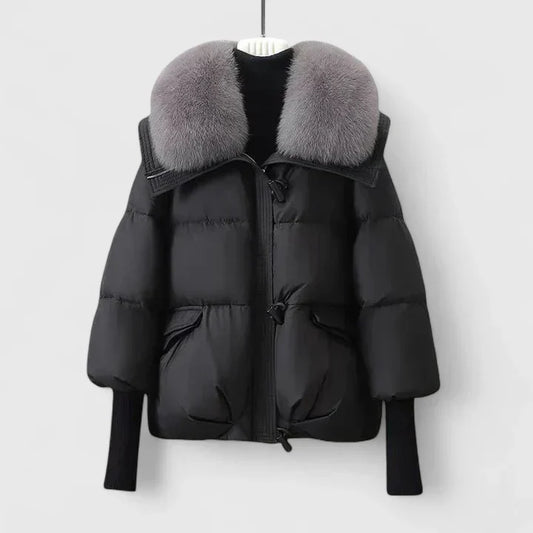 Elegant Black Puffer Jacket for Women with Fur Collar Long Sleeve Oversized Cropped Style