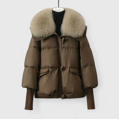 Elegant Black Puffer Jacket for Women with Fur Collar Long Sleeve Oversized Cropped Style