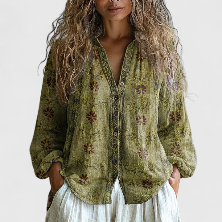 Effortless Floral Linen Blouse for Women with V Neck Long Sleeve Crochet Trim Boho Style