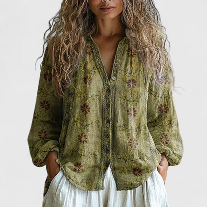 Effortless Floral Linen Blouse for Women with V Neck Long Sleeve Crochet Trim Boho Style