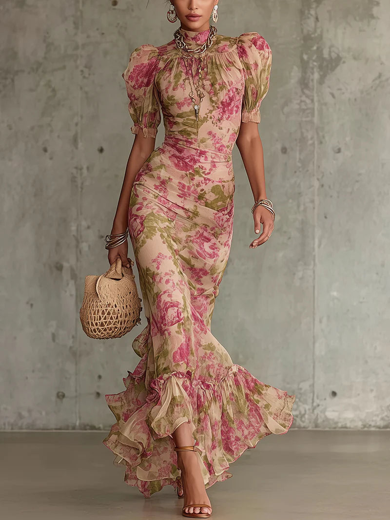 Elegant Pink Floral Maxi Dress for Women with High Neck Puff Sleeve Ruffle Mermaid Style