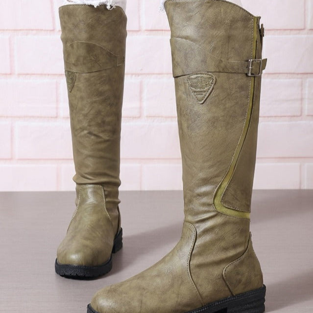 Stylish Knee High Boots for Women with Buckle Strap Block Heel Almond Toe Tall Equestrian Style