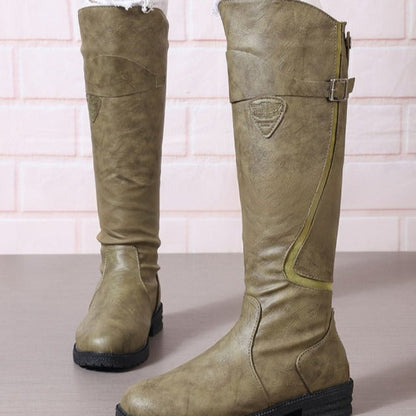 Stylish Knee High Boots for Women with Buckle Strap Block Heel Almond Toe Tall Equestrian Style
