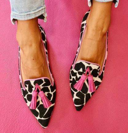 Stylish Pink Tassel Animal Print Flat for Women with Pointed Toe Slip On Loafer Style