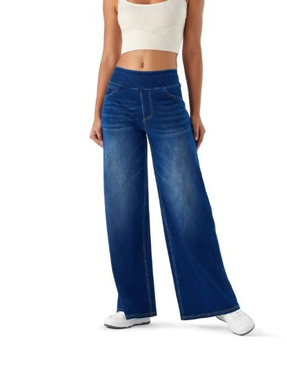 Effortless Wide Leg Jeans for Women with High Waist Elastic Pull On Relaxed Casual Style