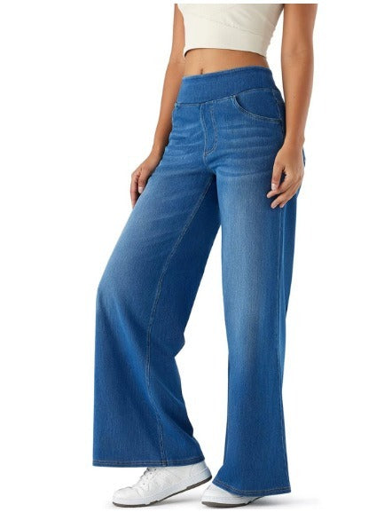 Effortless Wide Leg Jeans for Women with High Waist Elastic Pull On Relaxed Casual Style