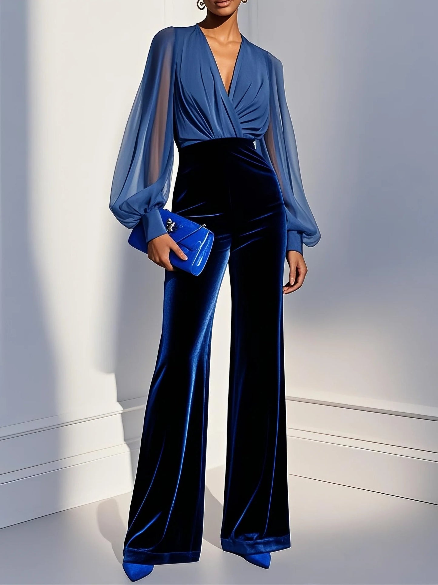 Elegant Blue Velvet Jumpsuit for Women with V Neck Bishop Sleeve Wide Leg Formal Party Style