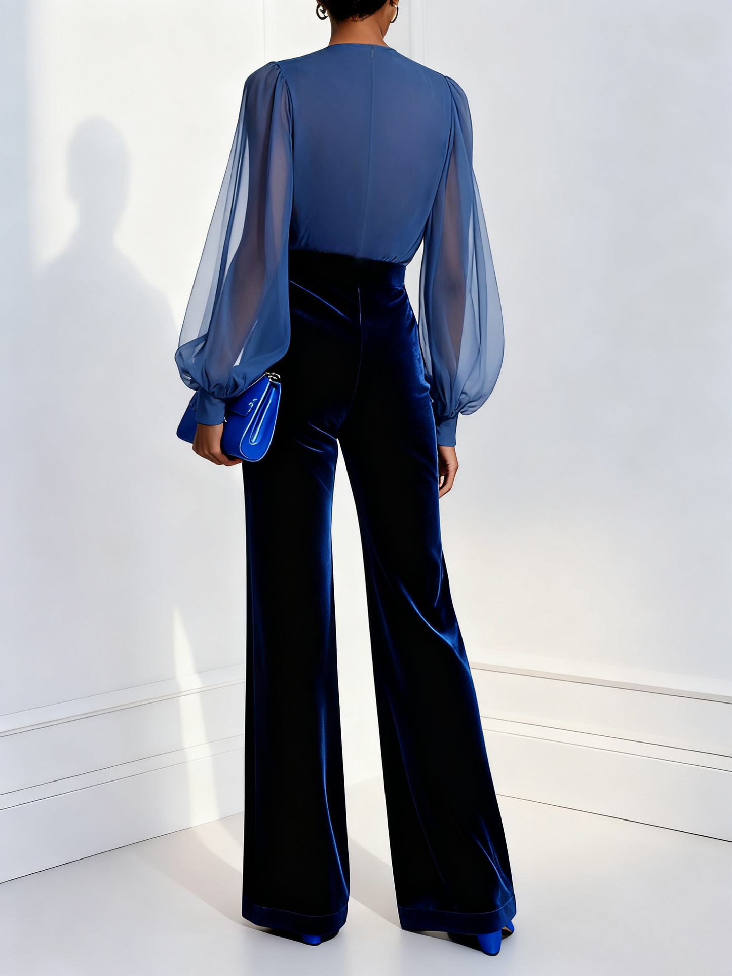Elegant Blue Velvet Jumpsuit for Women with V Neck Bishop Sleeve Wide Leg Formal Party Style