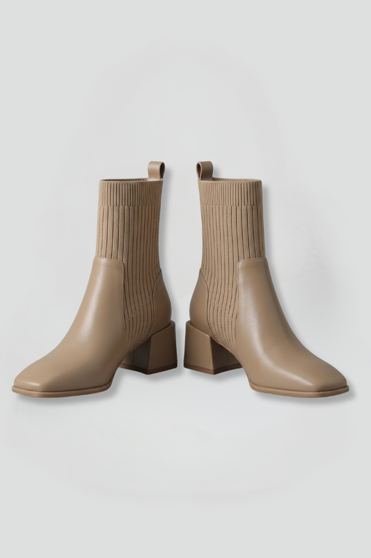 Stylish Taupe Ankle Boots for Women with Knit Shaft Stacked Heel Almond Toe Sock Fall Style