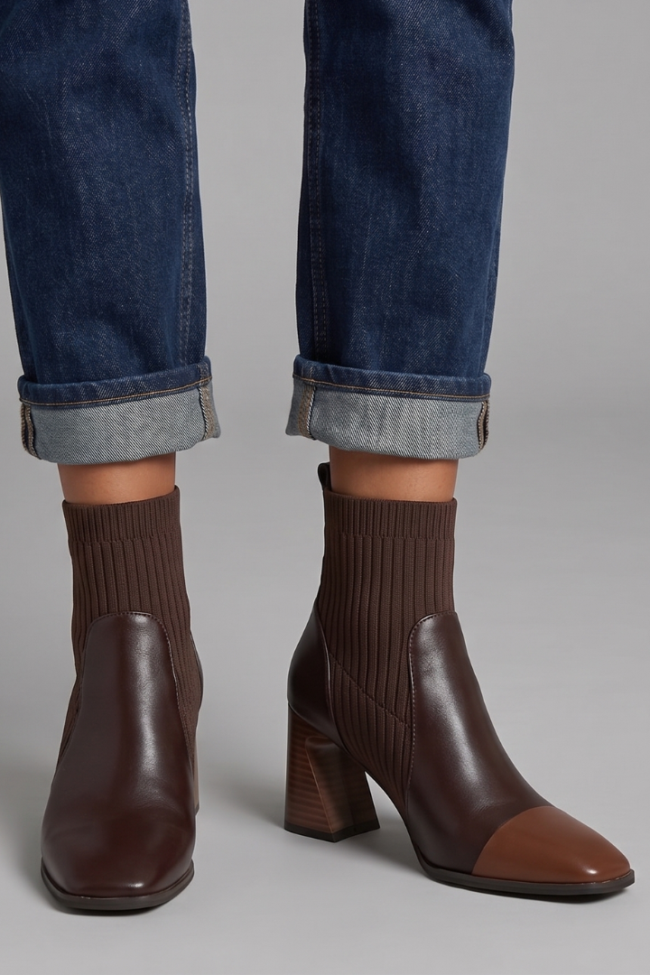 Stylish Taupe Ankle Boots for Women with Knit Shaft Stacked Heel Almond Toe Sock Fall Style