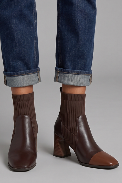 Stylish Taupe Ankle Boots for Women with Knit Shaft Stacked Heel Almond Toe Sock Fall Style