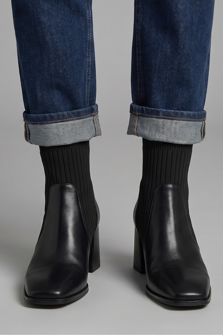 Stylish Taupe Ankle Boots for Women with Knit Shaft Stacked Heel Almond Toe Sock Fall Style