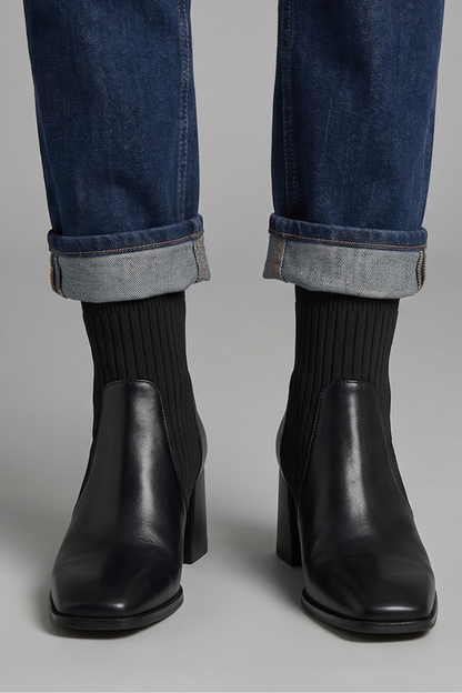 Stylish Taupe Ankle Boots for Women with Knit Shaft Stacked Heel Almond Toe Sock Fall Style
