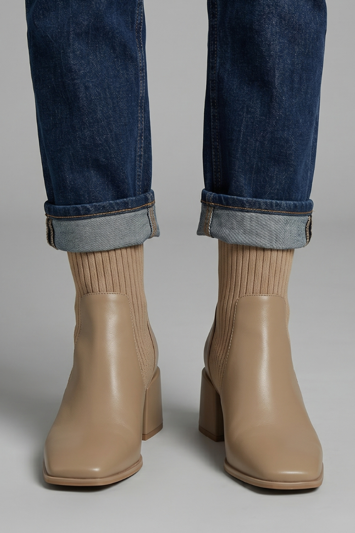 Stylish Taupe Ankle Boots for Women with Knit Shaft Stacked Heel Almond Toe Sock Fall Style