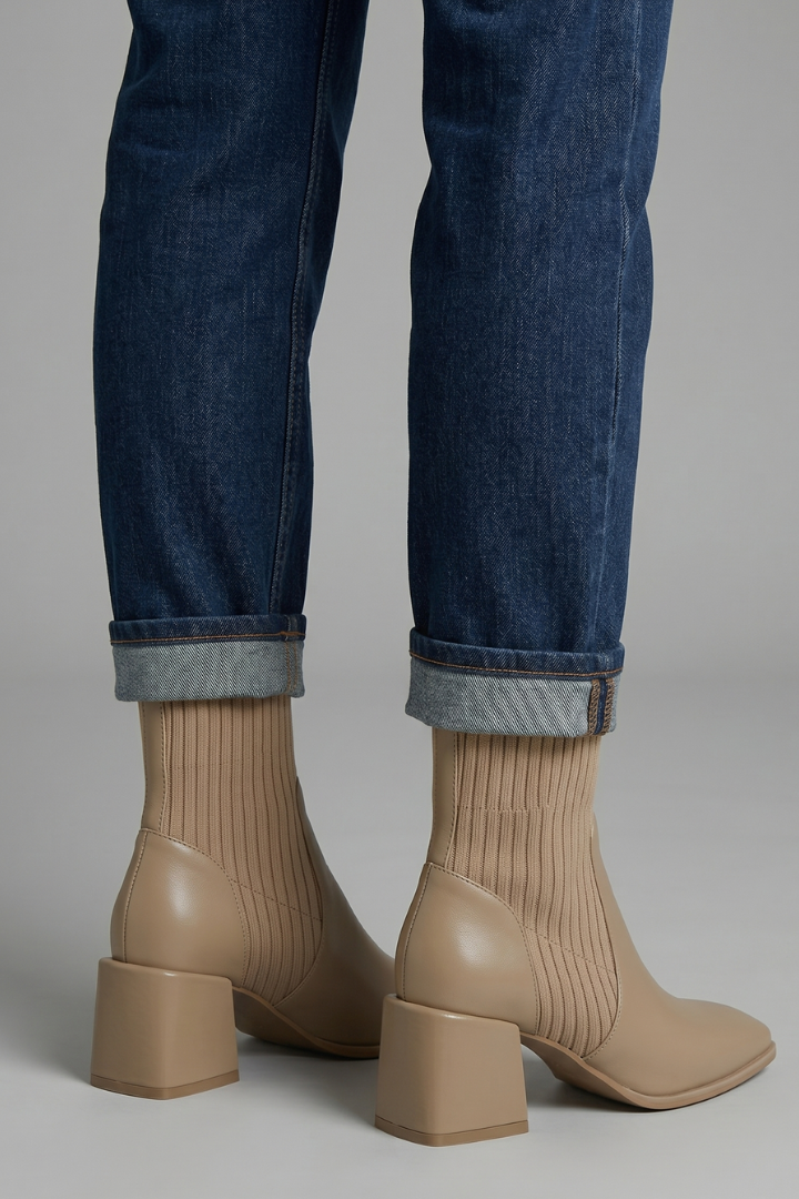 Stylish Taupe Ankle Boots for Women with Knit Shaft Stacked Heel Almond Toe Sock Fall Style