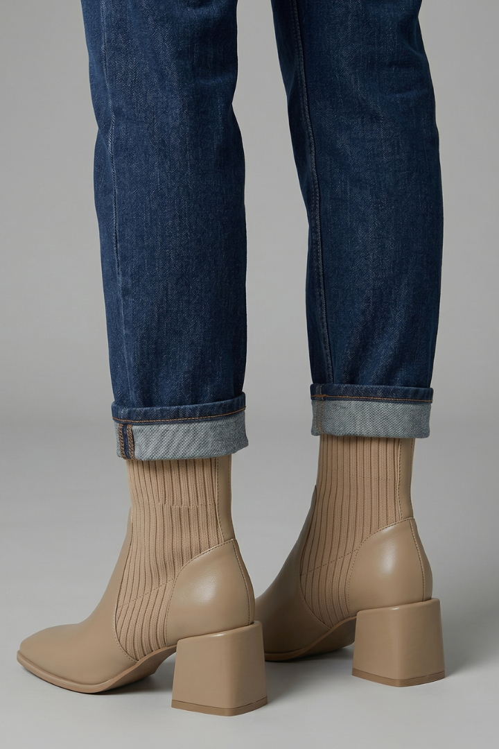 Stylish Taupe Ankle Boots for Women with Knit Shaft Stacked Heel Almond Toe Sock Fall Style