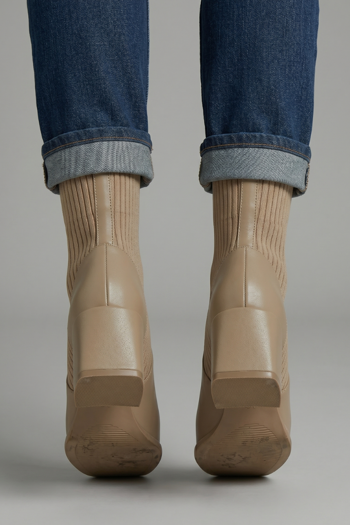 Stylish Taupe Ankle Boots for Women with Knit Shaft Stacked Heel Almond Toe Sock Fall Style