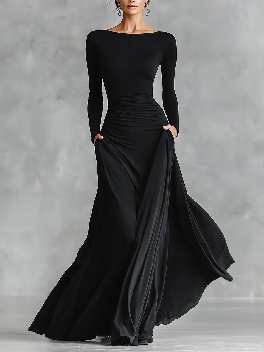 Elegant Black Maxi Dress for Women with Boat Neck Long Sleeve Ruched Flowing Formal Style