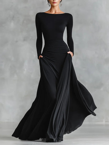 Elegant Black Maxi Dress for Women with Boat Neck Long Sleeve Ruched Flowing Formal Style
