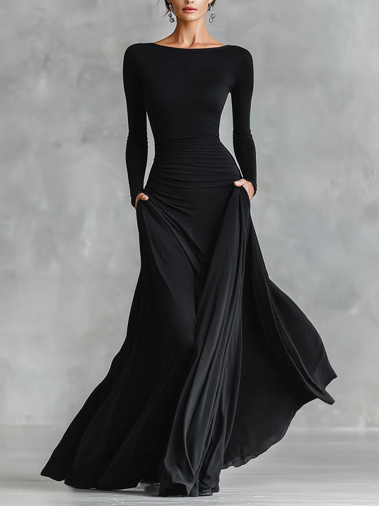 Elegant Black Maxi Dress for Women with Boat Neck Long Sleeve Ruched Flowing Formal Style