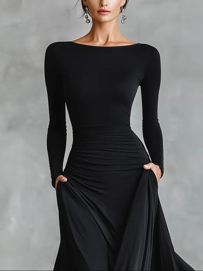 Elegant Black Maxi Dress for Women with Boat Neck Long Sleeve Ruched Flowing Formal Style