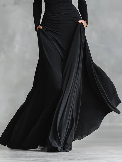 Elegant Black Maxi Dress for Women with Boat Neck Long Sleeve Ruched Flowing Formal Style