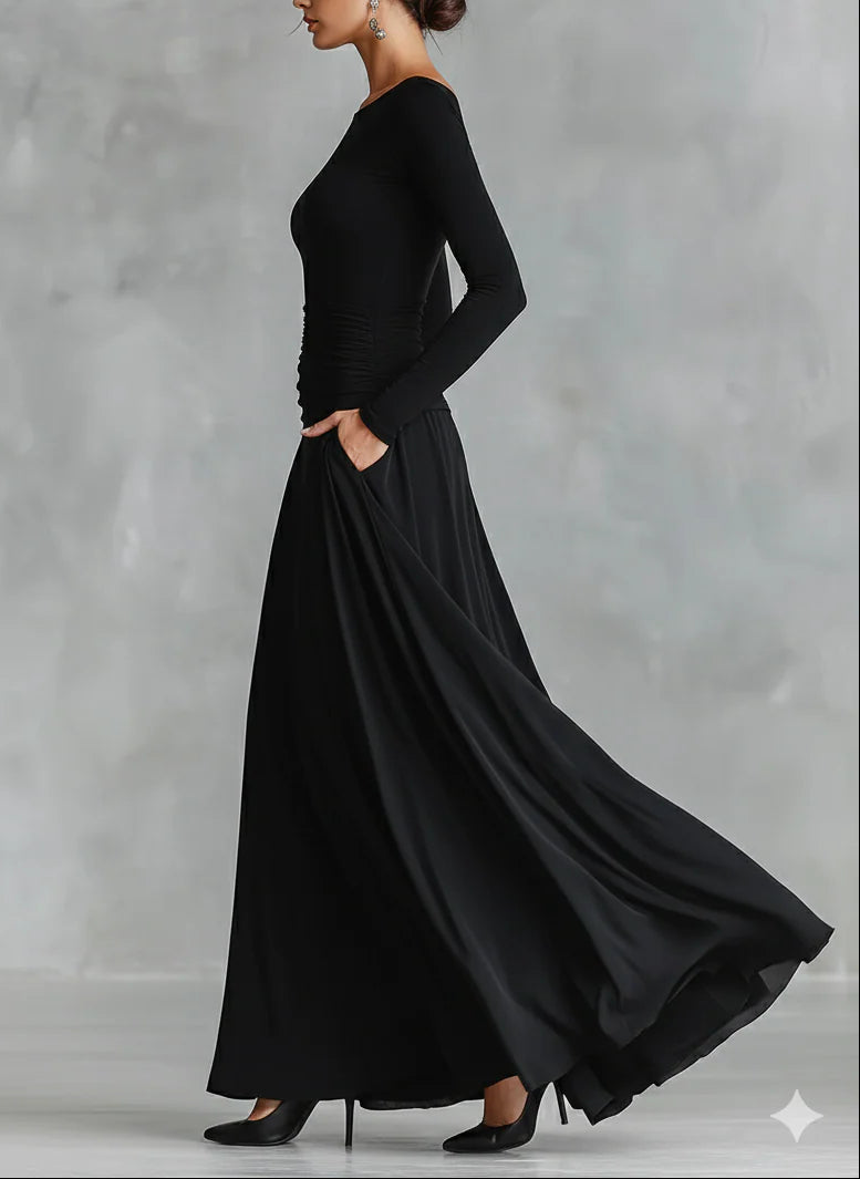 Elegant Black Maxi Dress for Women with Boat Neck Long Sleeve Ruched Flowing Formal Style