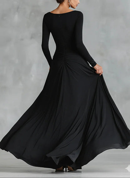 Elegant Black Maxi Dress for Women with Boat Neck Long Sleeve Ruched Flowing Formal Style