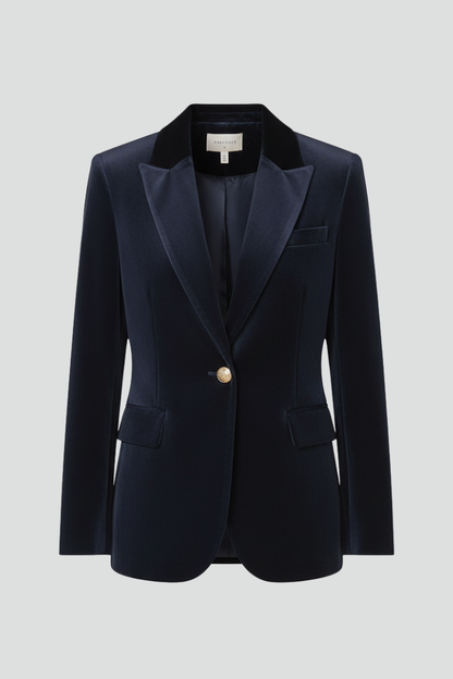 Sleek Navy Velvet Blazer for Women with Peak Lapel Single Button Tailored Tailored Cocktail Style