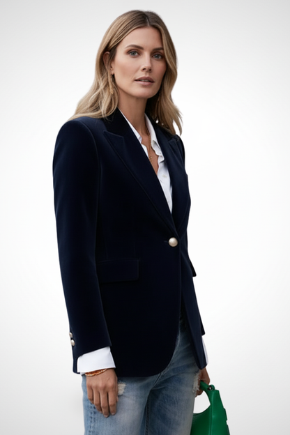 Sleek Navy Velvet Blazer for Women with Peak Lapel Single Button Tailored Tailored Cocktail Style