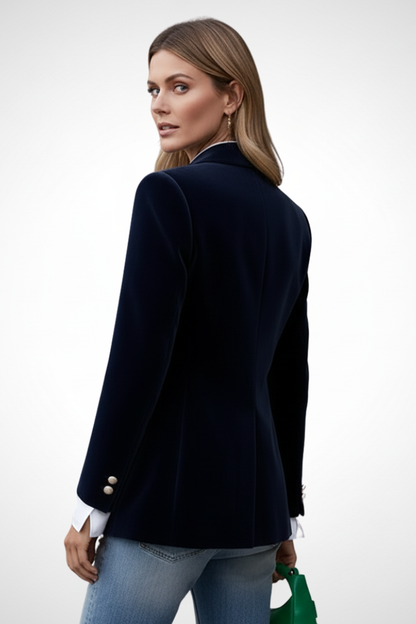Sleek Navy Velvet Blazer for Women with Peak Lapel Single Button Tailored Tailored Cocktail Style