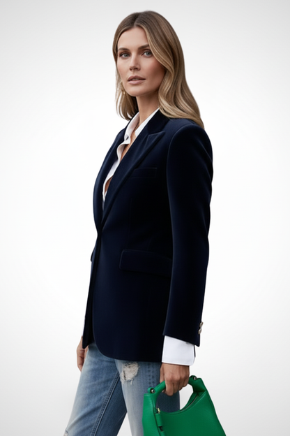 Sleek Navy Velvet Blazer for Women with Peak Lapel Single Button Tailored Tailored Cocktail Style