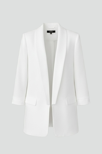 Stylish White Blazer for Women with Wrap Shawl Collar Ruched Elbow Sleeve Open Front Tailored Workwear Style