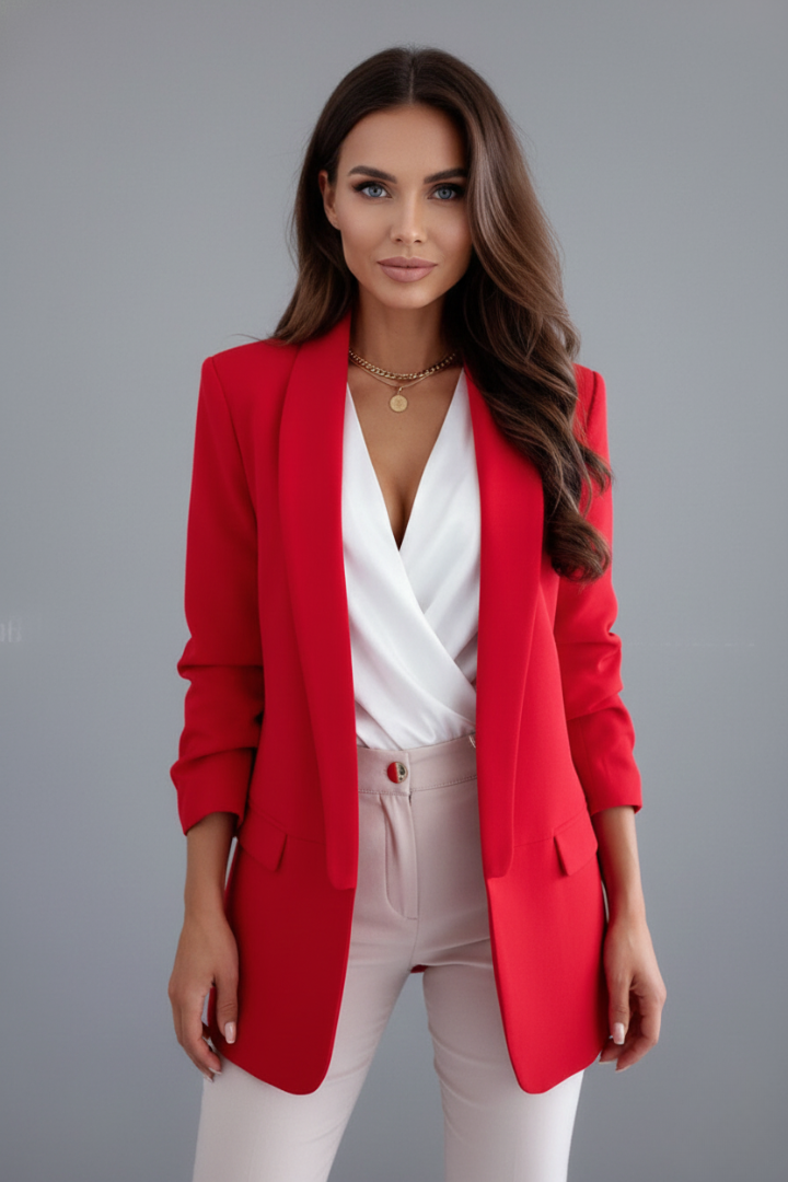 Stylish White Blazer for Women with Wrap Shawl Collar Ruched Elbow Sleeve Open Front Tailored Workwear Style