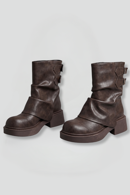 Bold Brown Ankle Boots for Women with Buckle Strap Strap Stacked Heel Chunky Moto Fall Style