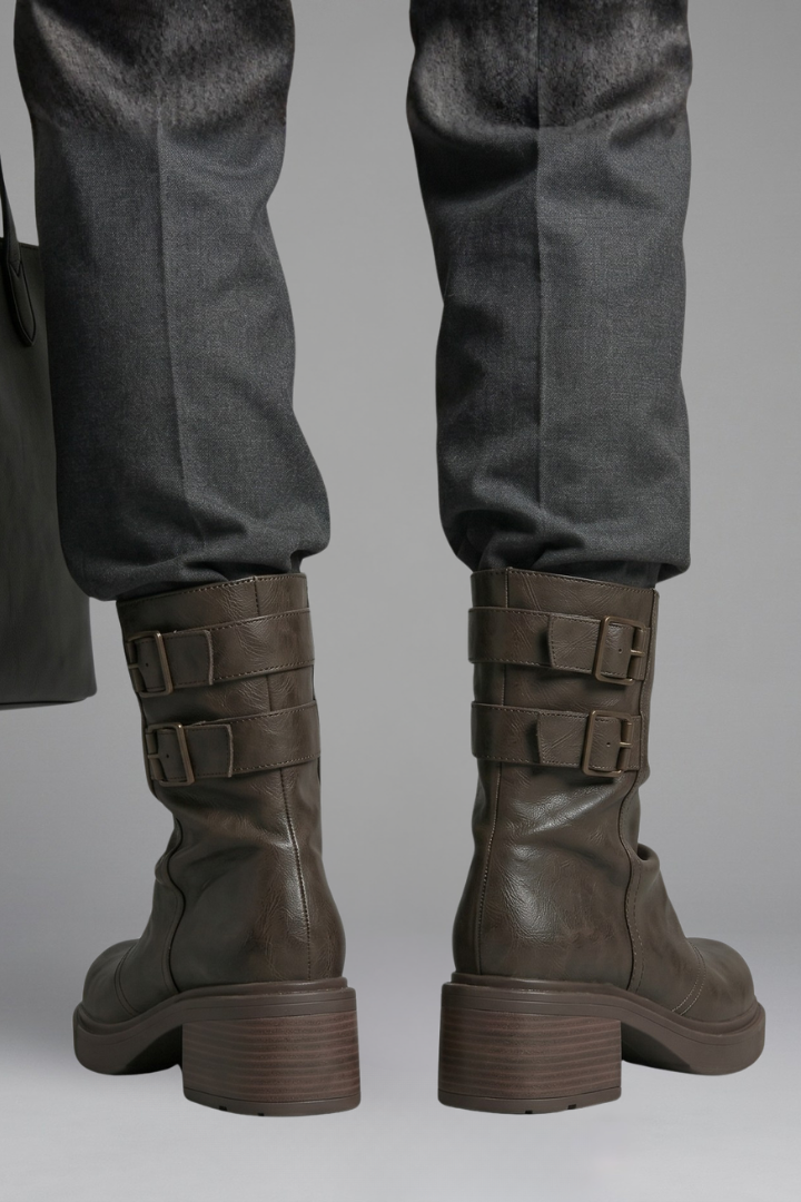 Bold Brown Ankle Boots for Women with Buckle Strap Strap Stacked Heel Chunky Moto Fall Style