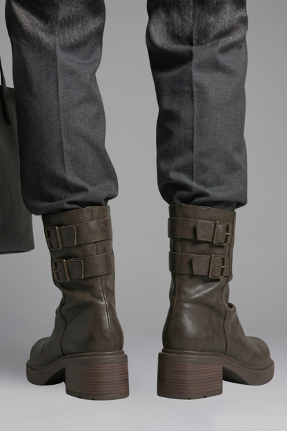 Bold Brown Ankle Boots for Women with Buckle Strap Strap Stacked Heel Chunky Moto Fall Style