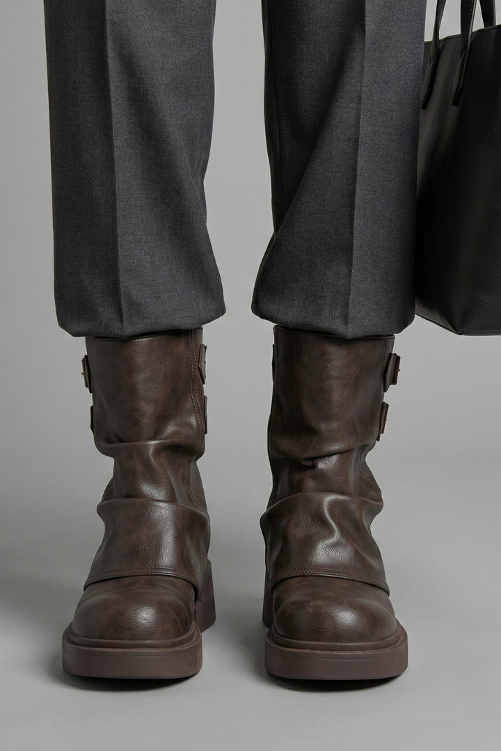 Bold Brown Ankle Boots for Women with Buckle Strap Strap Stacked Heel Chunky Moto Fall Style