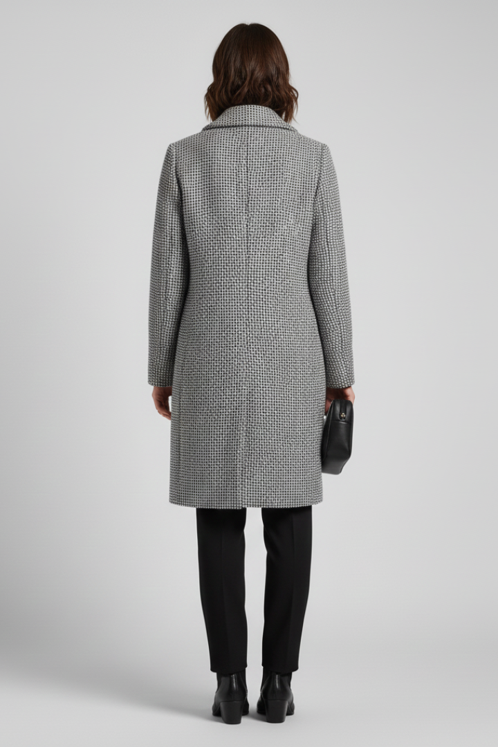 Chic Grey Herringbone Long Blazer for Women with Notched Lapel Single Button Woven Texture Tailored Cold Weather Style