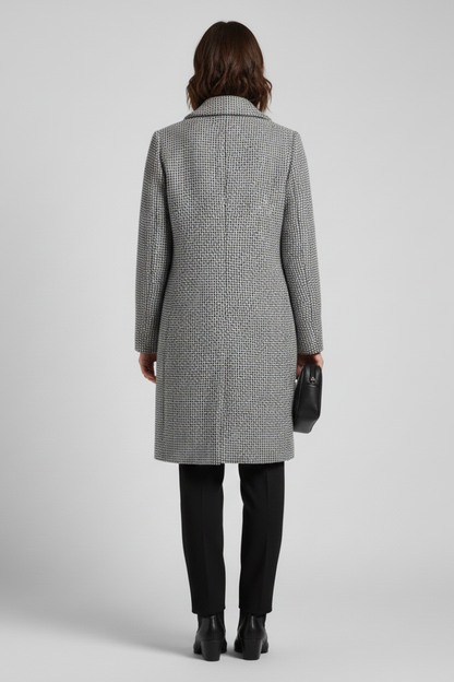 Chic Grey Herringbone Long Blazer for Women with Notched Lapel Single Button Woven Texture Tailored Cold Weather Style
