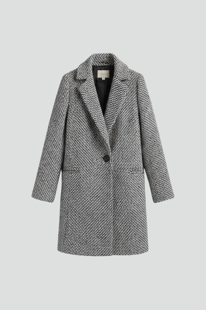 Chic Grey Herringbone Long Blazer for Women with Notched Lapel Single Button Woven Texture Tailored Cold Weather Style
