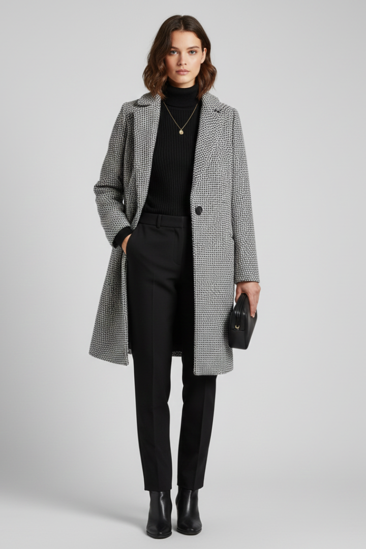 Chic Grey Herringbone Long Blazer for Women with Notched Lapel Single Button Woven Texture Tailored Cold Weather Style