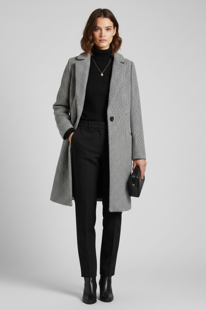 Chic Grey Herringbone Long Blazer for Women with Notched Lapel Single Button Woven Texture Tailored Cold Weather Style